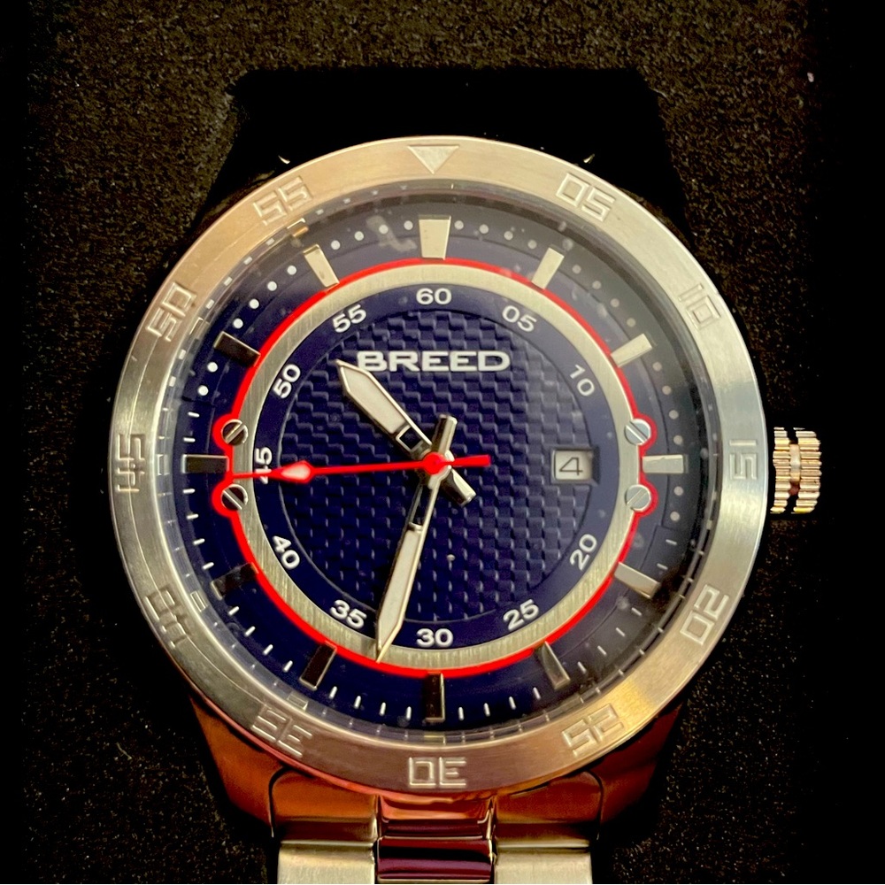 BREED mens watch, NWT, battery not started, stainless steel link band.